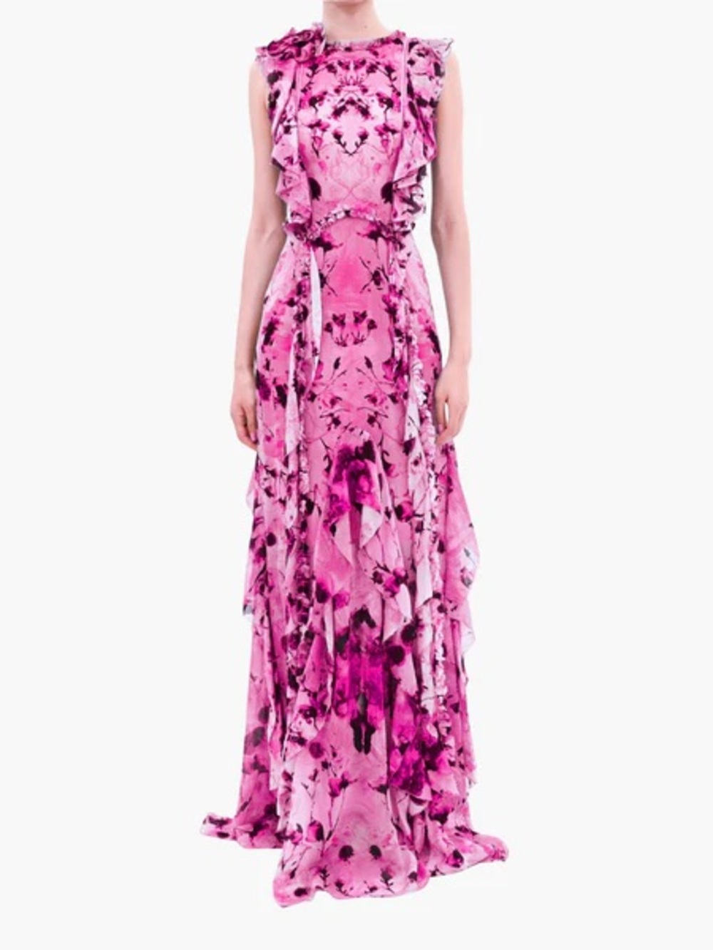 Marchesa Painterly Print Sleeveless Georgette
Gown in pink
